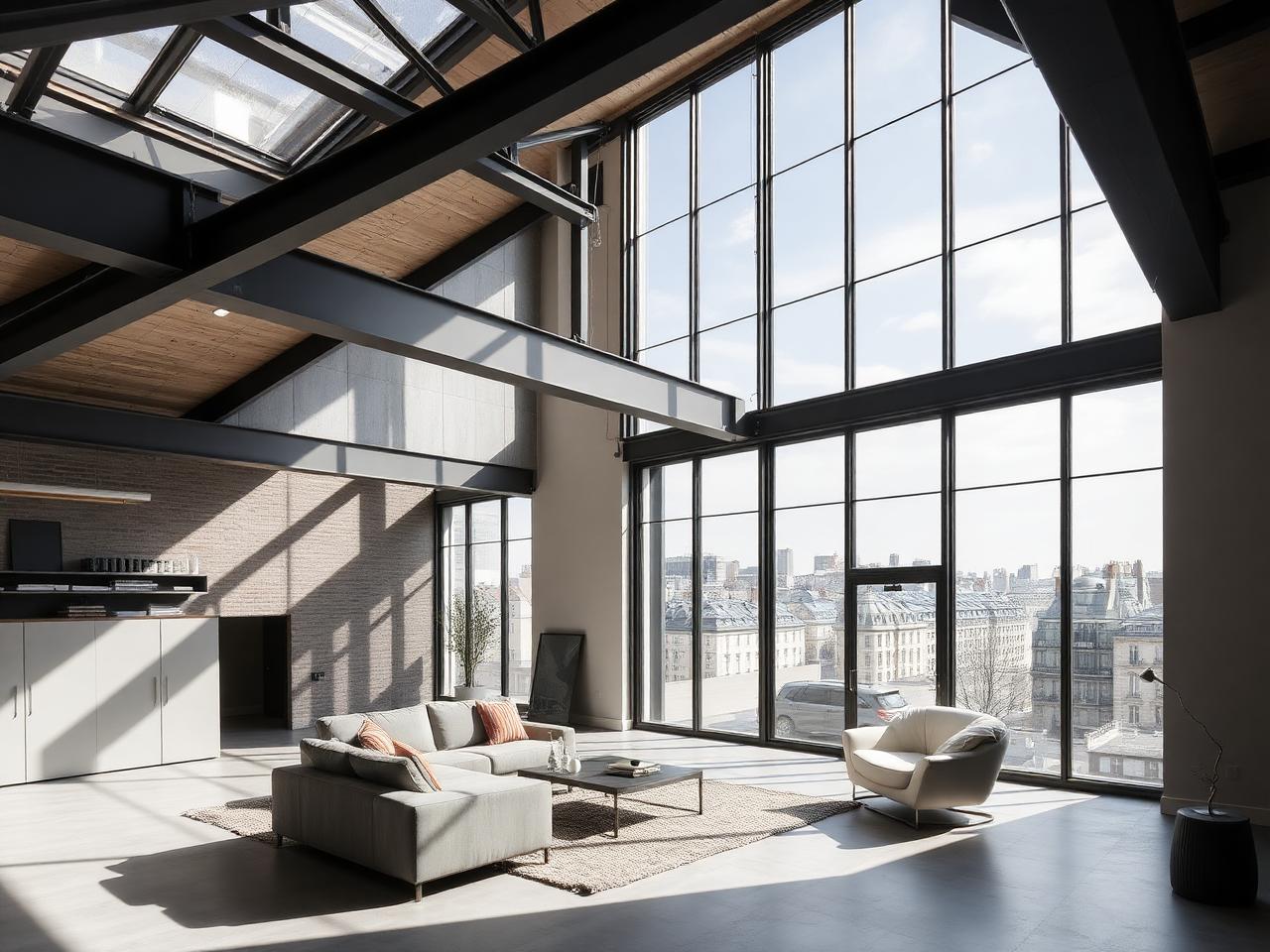 Loft industriel parisien avec verrière monumentale et vue urbaine