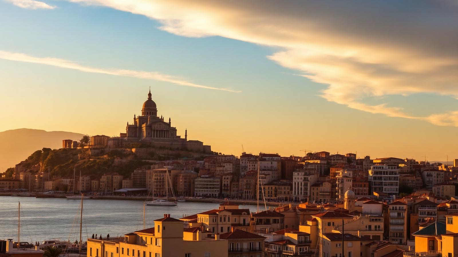 Vue panoramique de Marseille au coucher du soleil avec Notre-Dame de la Garde surplombant le Vieux-Port et les toits provençaux — marché immobilier marseillais